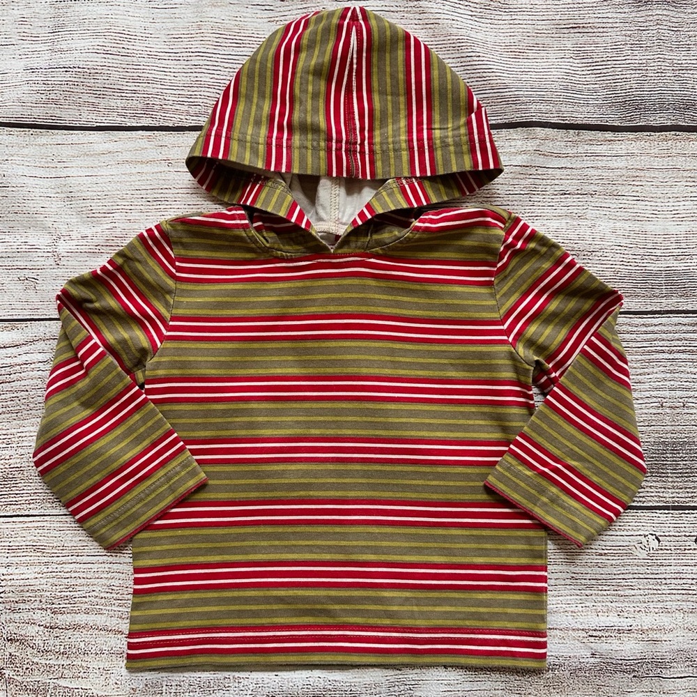 Tea Collection Olive Green Red Striped LS T-Shirt with Hood Boy’s Sz 2